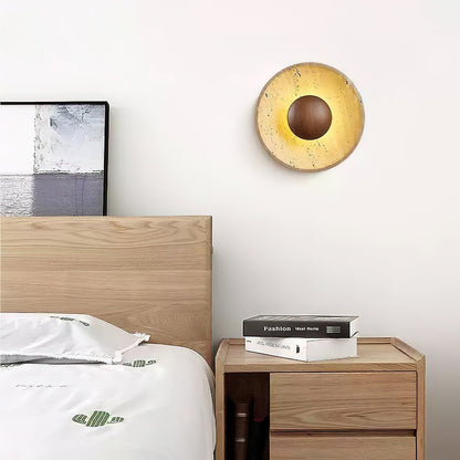 Travertine Sun Wall Sconce with Wood Sphere – Sculptural Halo Accent Light for Modern Living Room & Bedroom