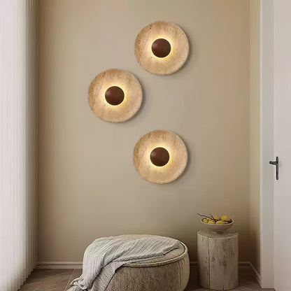 Round Stone & Wood Sconce – Ambient Wall Lighting for Bedroom, Entryway & Lounge – Natural Texture Fixture with Gentle Diffused Glow – Moder