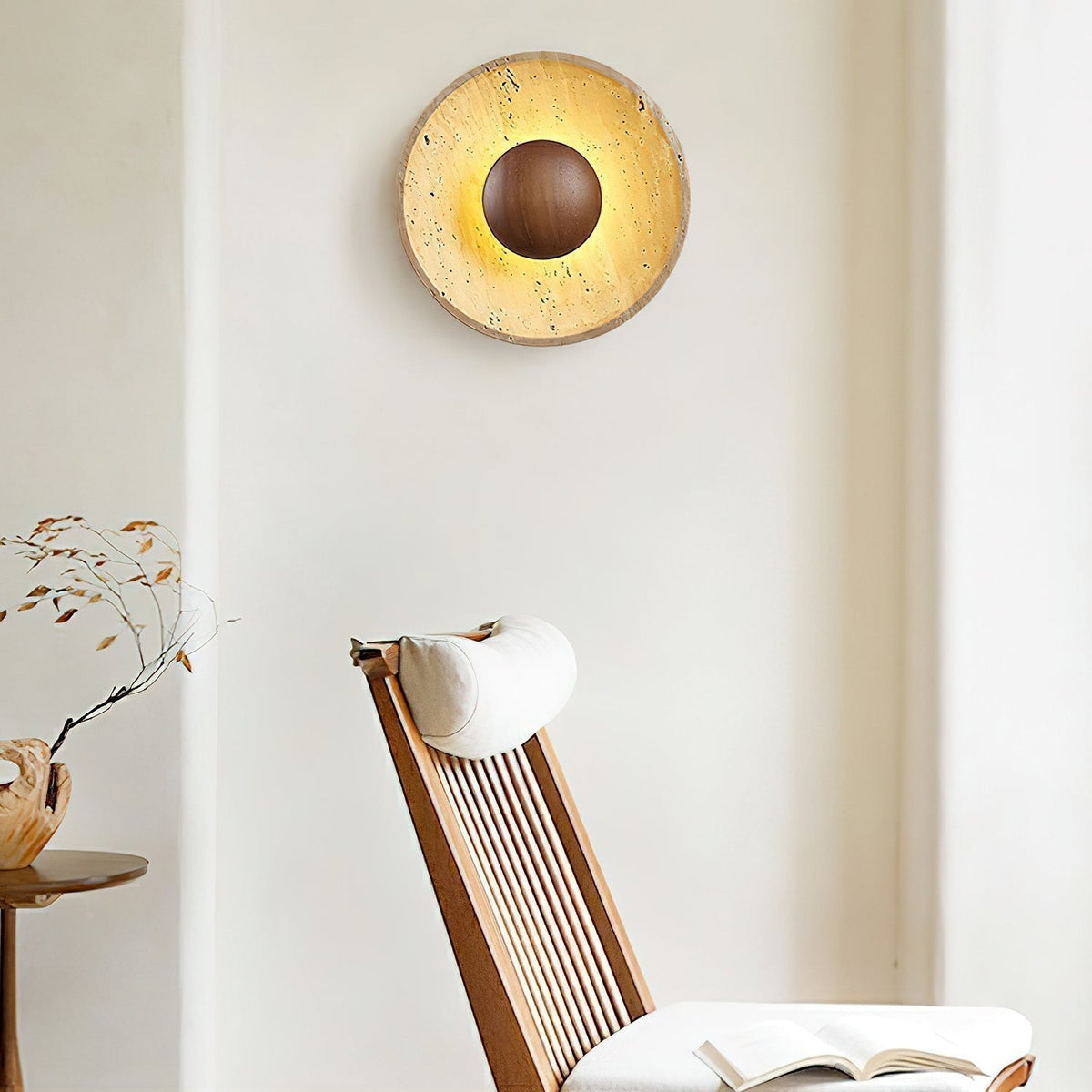 Travertine Sun Wall Sconce with Wood Sphere – Sculptural Halo Accent Light for Modern Living Room & Bedroom