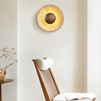 Travertine Sun Wall Sconce with Wood Sphere – Sculptural Halo Accent Light for Modern Living Room & Bedroom