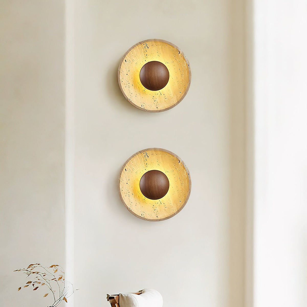 Natural Stone Sconce with Wood Backing 10-Inch Round Ambient Light Fixture for Bedroom Entryway Den