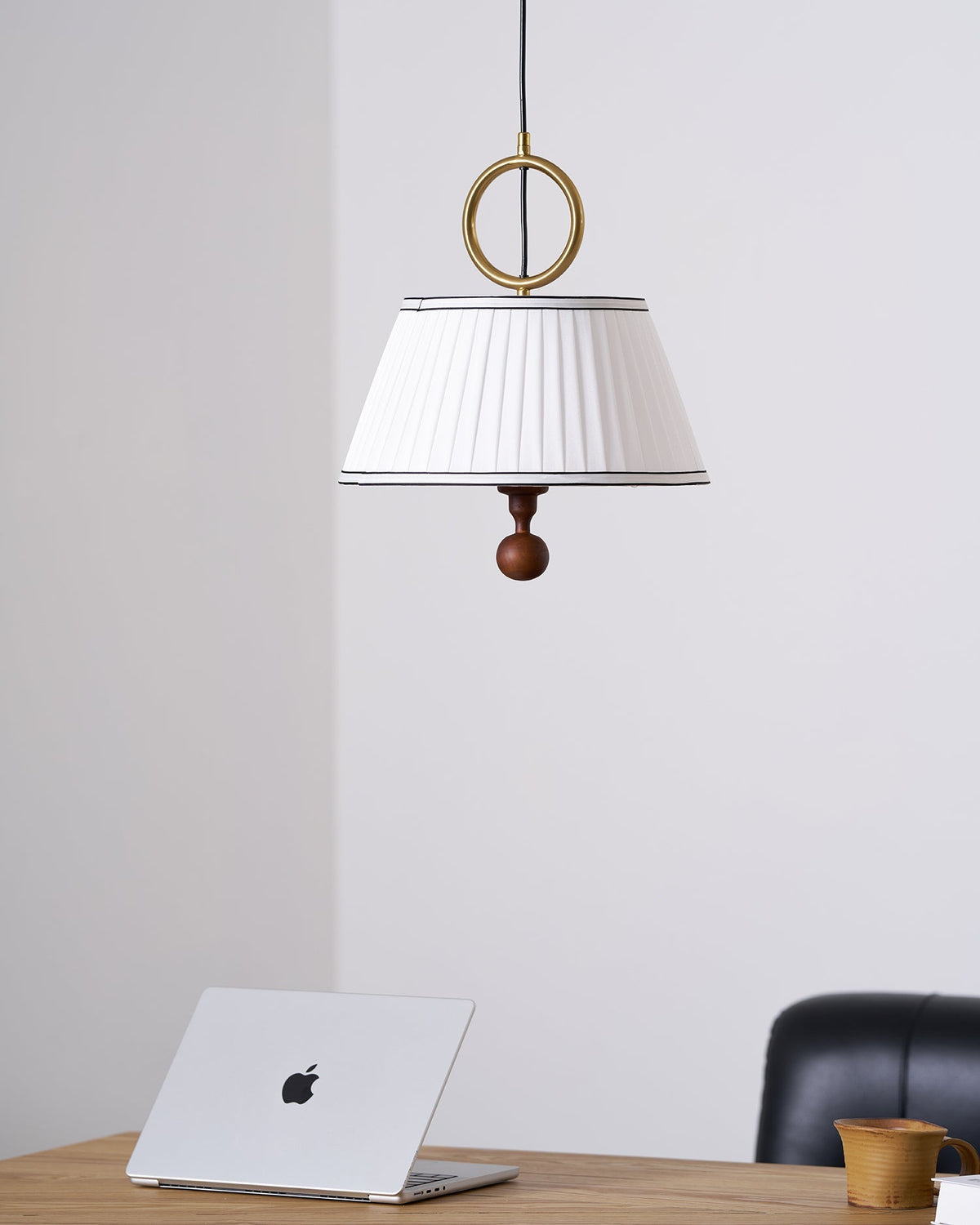 Hanging Ceiling Fixture with Fabric Drum Shade & Walnut Accents for Dining Rooms, Living Spaces, Home Offices 13.8 in Width Adjustable Cable