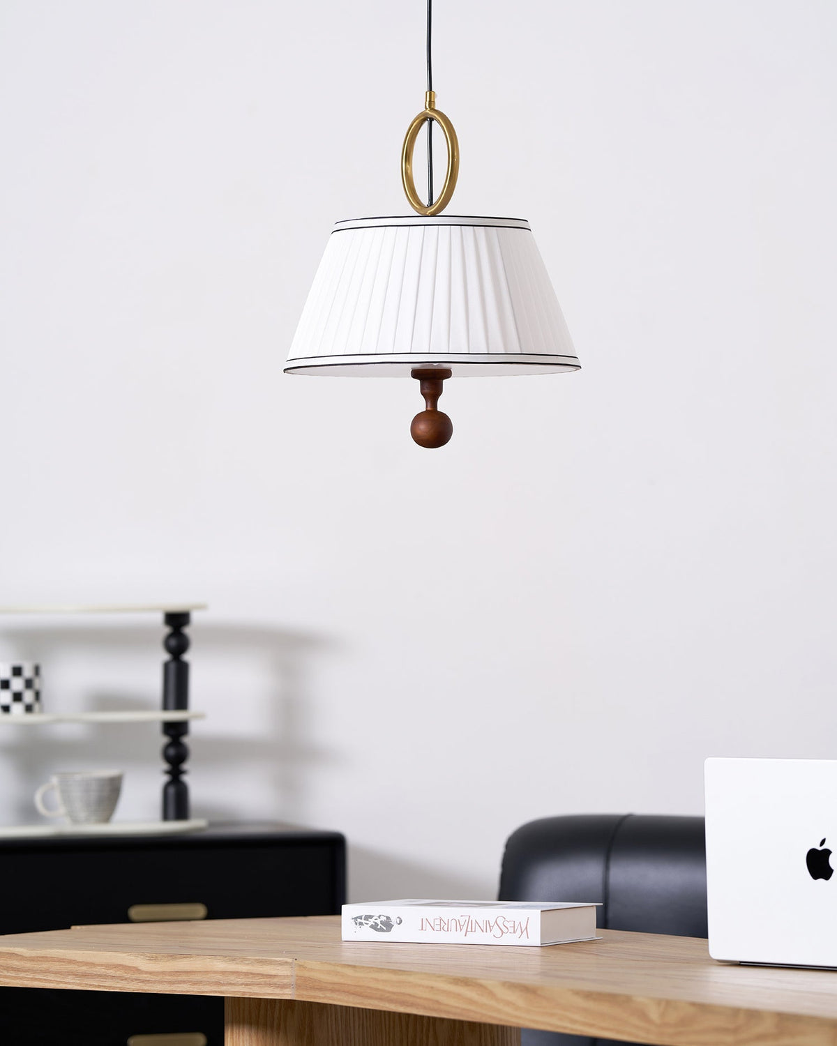 Hanging Ceiling Fixture with Fabric Drum Shade & Walnut Accents for Dining Rooms, Living Spaces, Home Offices 13.8 in Width Adjustable Cable
