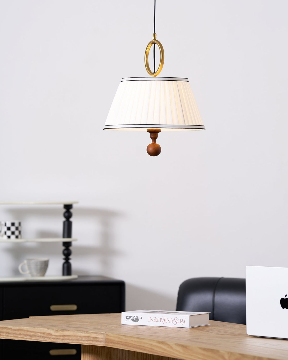 Hanging Ceiling Fixture with Fabric Drum Shade & Walnut Accents for Dining Rooms, Living Spaces, Home Offices 13.8 in Width Adjustable Cable