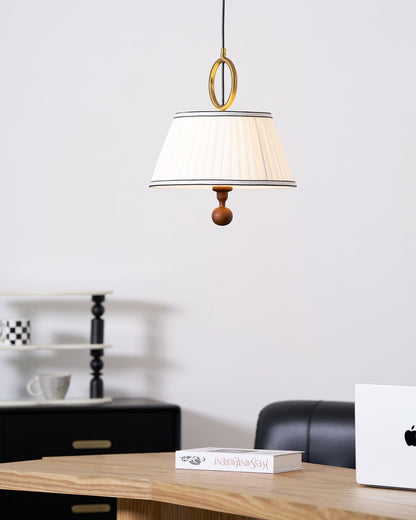 Hanging Ceiling Fixture with Fabric Drum Shade & Walnut Accents for Dining Rooms, Living Spaces, Home Offices 13.8 in Width Adjustable Cable