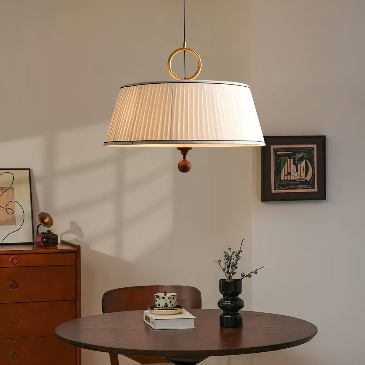 Hanging Ceiling Fixture with Fabric Drum Shade & Walnut Accents for Dining Rooms, Living Spaces, Home Offices 13.8 in Width Adjustable Cable