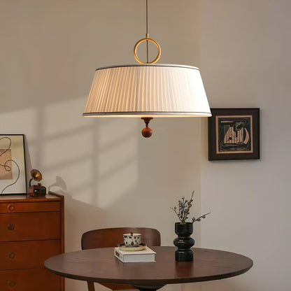 Hanging Ceiling Fixture with Fabric Drum Shade & Walnut Accents for Dining Rooms, Living Spaces, Home Offices 13.8 in Width Adjustable Cable