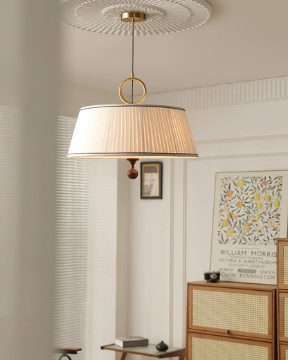 Hanging Ceiling Fixture with Fabric Drum Shade & Walnut Accents for Dining Rooms, Living Spaces, Home Offices 13.8 in Width Adjustable Cable
