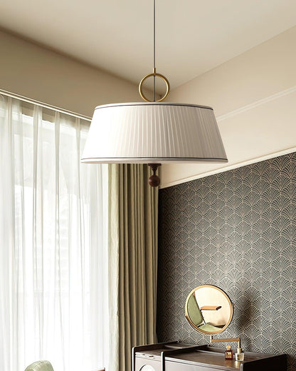 Hanging Ceiling Fixture with Fabric Drum Shade & Walnut Accents for Dining Rooms, Living Spaces, Home Offices 13.8 in Width Adjustable Cable
