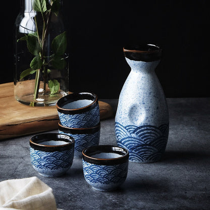 Handmade Japanese Sake Set – 5-Piece Ceramic Sake Drinking Set with Wave Pattern