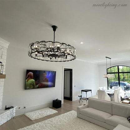 Round Crystal Chandelier 31 Inch 7-Light Fixture Iron Frame for Dining Room Foyer Entryway Living Room Bedroom Statement Lighting