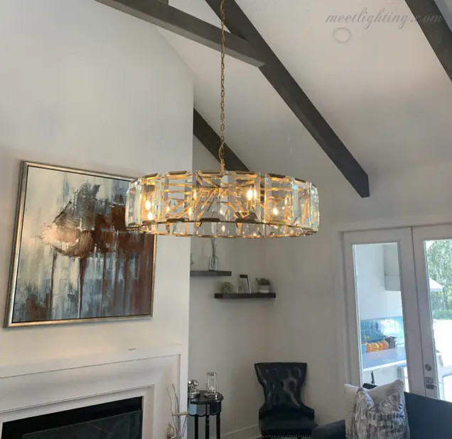 Round Crystal Chandelier 31 Inch 7-Light Fixture Iron Frame for Dining Room Foyer Entryway Living Room Bedroom Statement Lighting