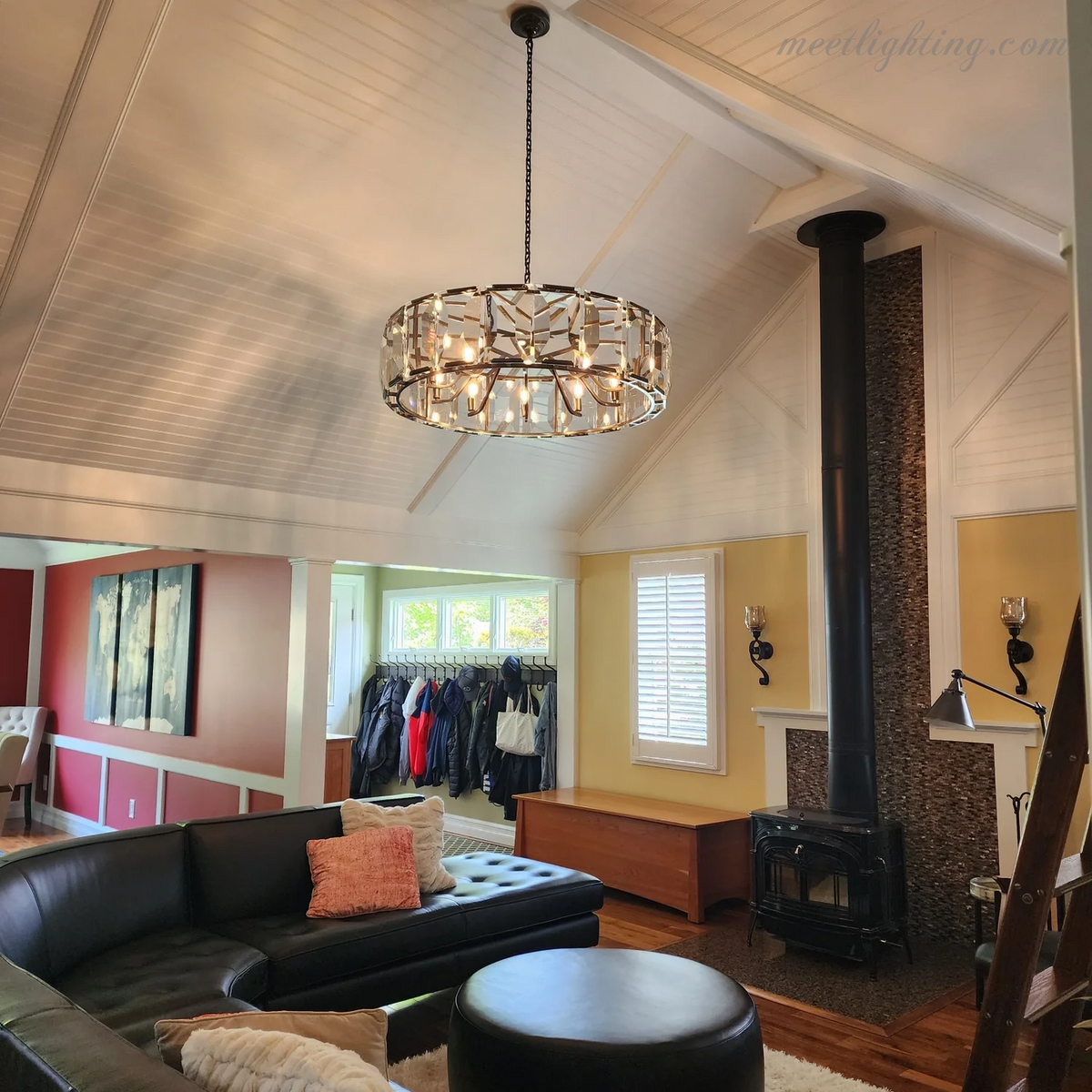 Crystal Prism Ring Chandelier 59-Inch 14-Light Statement Fixture for Dining Room Living Room Foyer Adjustable Height Brass Black Steel