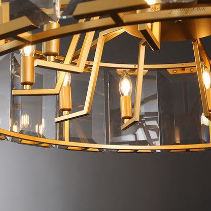 Crystal Prism Ring Chandelier 59-Inch 14-Light Statement Fixture for Dining Room Living Room Foyer Adjustable Height Brass Black Steel
