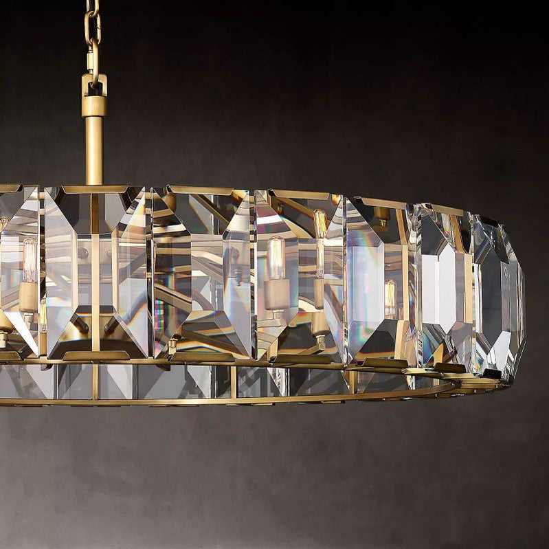 Crystal Prism Ring Chandelier 59-Inch 14-Light Statement Fixture for Dining Room Living Room Foyer Adjustable Height Brass Black Steel