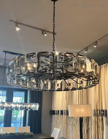 Crystal Prism Ring Chandelier 59-Inch 14-Light Statement Fixture for Dining Room Living Room Foyer Adjustable Height Brass Black Steel