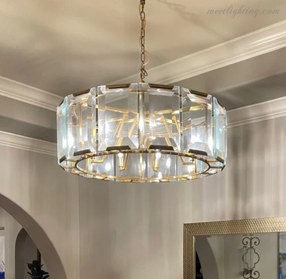 Crystal Prism Ring Chandelier 59-Inch 14-Light Statement Fixture for Dining Room Living Room Foyer Adjustable Height Brass Black Steel