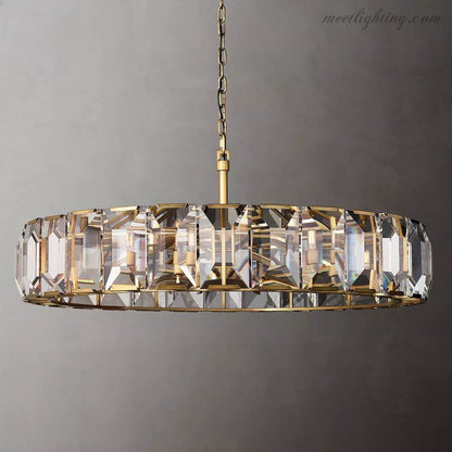 Crystal Prism Ring Chandelier 59-Inch 14-Light Statement Fixture for Dining Room Living Room Foyer Adjustable Height Brass Black Steel