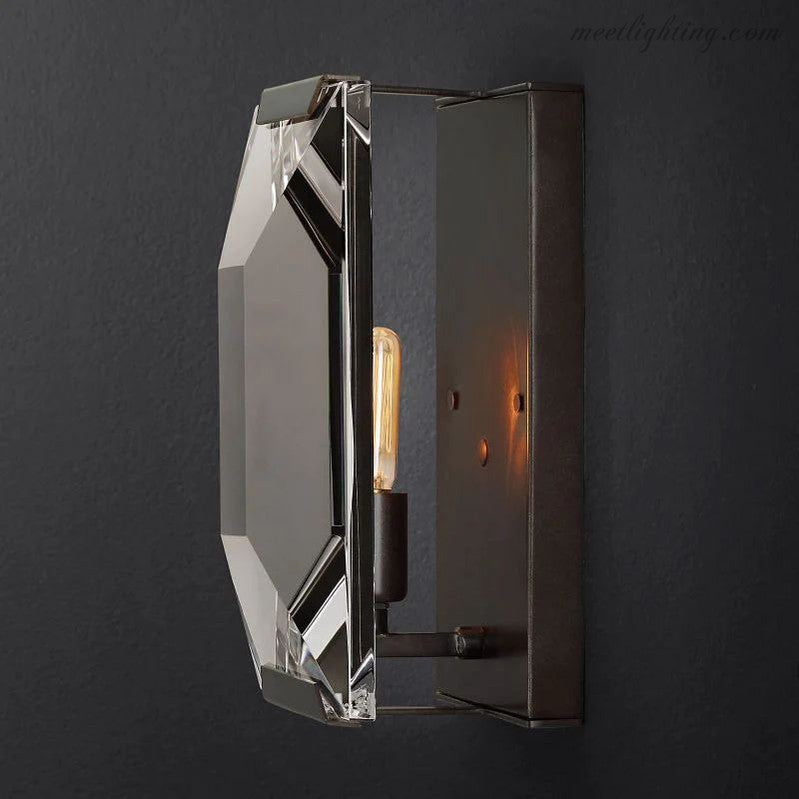 Faceted Crystal Glass Wall Light Fixture with Metal Frame for Living Room & Hallway