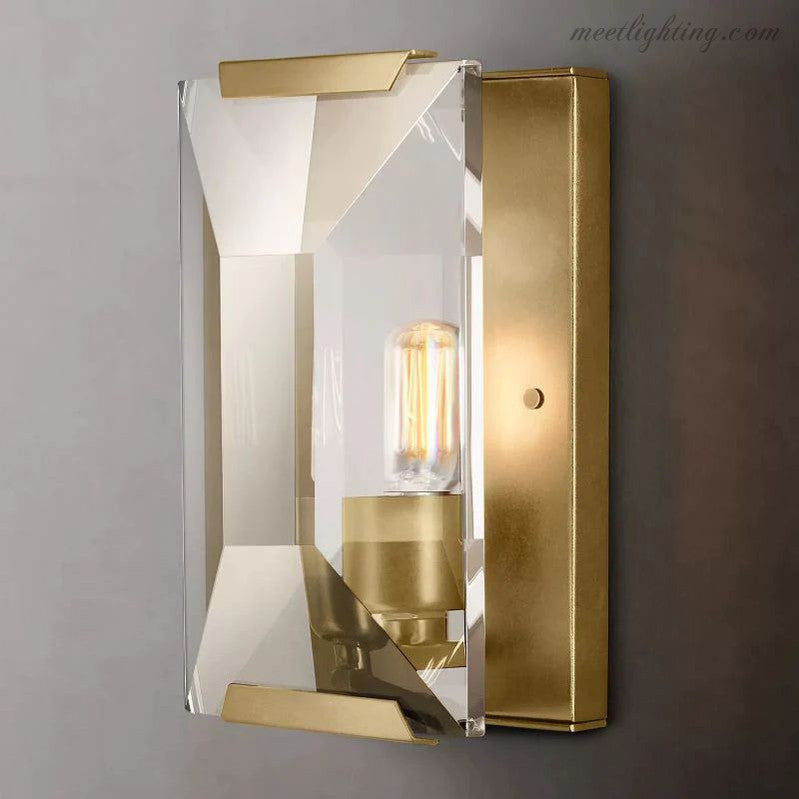 Faceted Crystal Glass Wall Light Fixture with Metal Frame for Living Room & Hallway