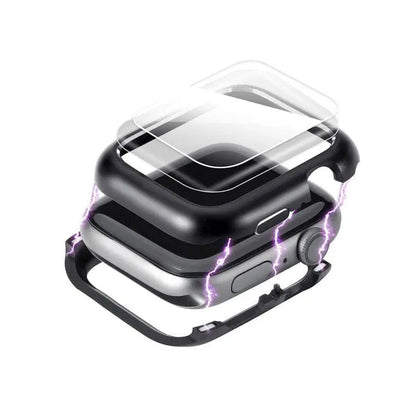 Armored Tempered Glass Watch Shield with Metal-Look Bumper Cover for Apple Watch 38mm-44mm Series 1-6