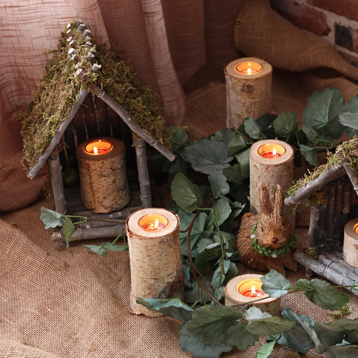 Natural Wood Tealight Holder Rustic Decorative Accent Glass Insert Candle Stand for Dining Table Living Room Mantle Home Decor Centerpiece