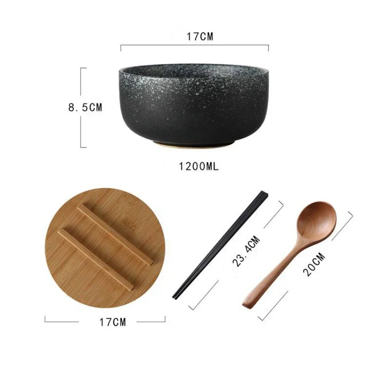 Handcrafted Ceramic Soup Bowl Set of 4 with Spoon and Chopsticks for Ramen Noodles Salad Stew Kitchen Dining Table Dishwasher Safe