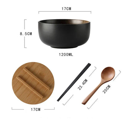 Handcrafted Ceramic Soup Bowl Set of 4 with Spoon and Chopsticks for Ramen Noodles Salad Stew Kitchen Dining Table Dishwasher Safe