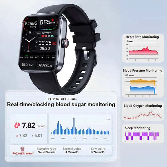 HealthTrack | Reloj inteligente con monitoreo de glucosa en sangre no invasivo | Diseño elegante para la gestión de la salud y el fitness