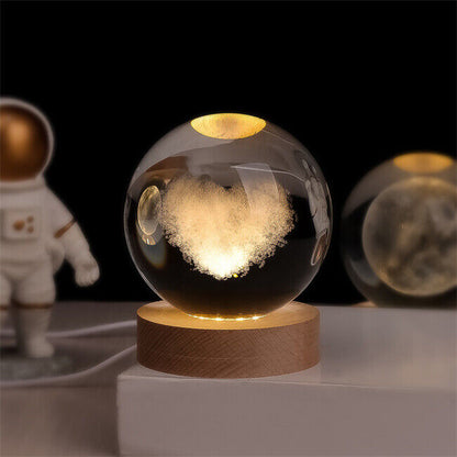 3D Engraved Crystal Planet Sphere Night Light on Wood Base USB Powered Desk Lamp Warm White LED Glow for Bedroom Living Room Nursery Space