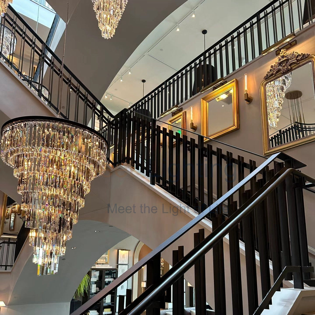 Spiral Crystal Chandelier Statement Ceiling Light Black Iron Glass Prism Layers for Dining Room Living Room Foyer Grand Staircase