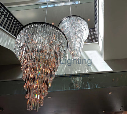 Spiral Crystal Chandelier Statement Ceiling Light Black Iron Glass Prism Layers for Dining Room Living Room Foyer Grand Staircase