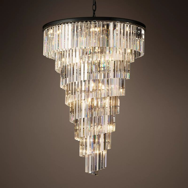 Spiral Crystal Chandelier Statement Ceiling Light Black Iron Glass Prism Layers for Dining Room Living Room Foyer Grand Staircase
