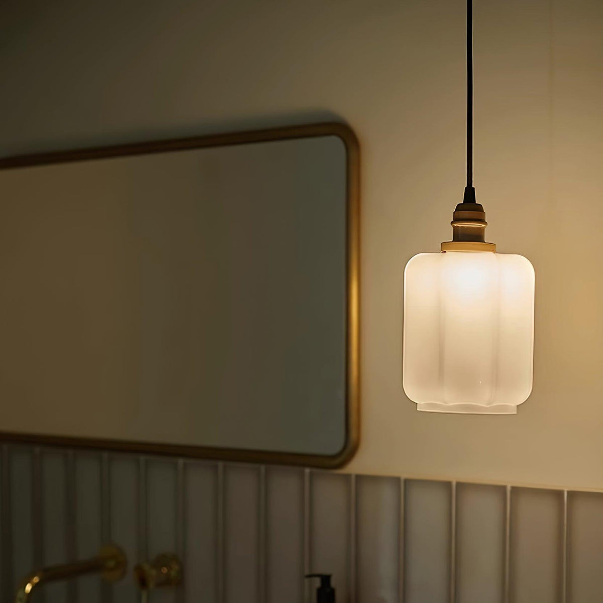 Glass Globe Hanging Light with Adjustable Cord White Brass Ceiling Fixture for Bedroom Dining Room Kitchen Island Brass Finish 6 Inch Pendan