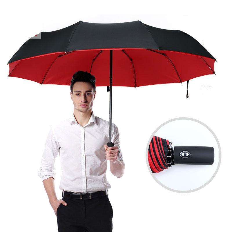 Reverse-Close Inverted Umbrella with Auto-Open Button – Wind-Resistant Double-Layer Canopy for Storm Protection – Hands-Free C-Handle