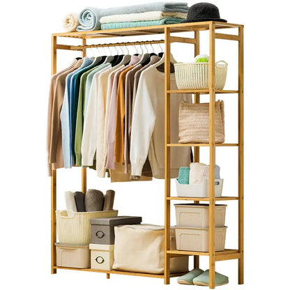 Freestanding Bamboo Garment Rack with Shelves 35 in Wide Natural Wood Finish Bedroom Closet Storage Organizer for Clothes Shoes Accessories