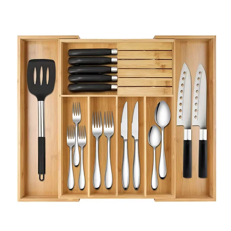 Bamboo Drawer Organizers Expandable Set, Kitchen Drawer Organizer for Utensils, Desk Drawer Organizer for Office