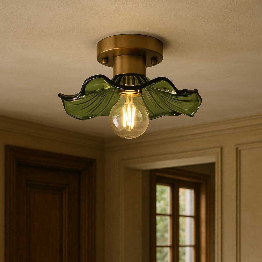 23-Inch Flush Mount LED Light Fixture Green Floral Glass Shade for Bedroom Hallway Low Ceiling Rooms Ambient Overhead Lighting