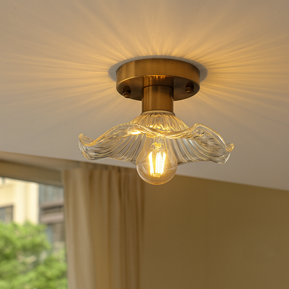 23-Inch Flush Mount LED Light Fixture Green Floral Glass Shade for Bedroom Hallway Low Ceiling Rooms Ambient Overhead Lighting