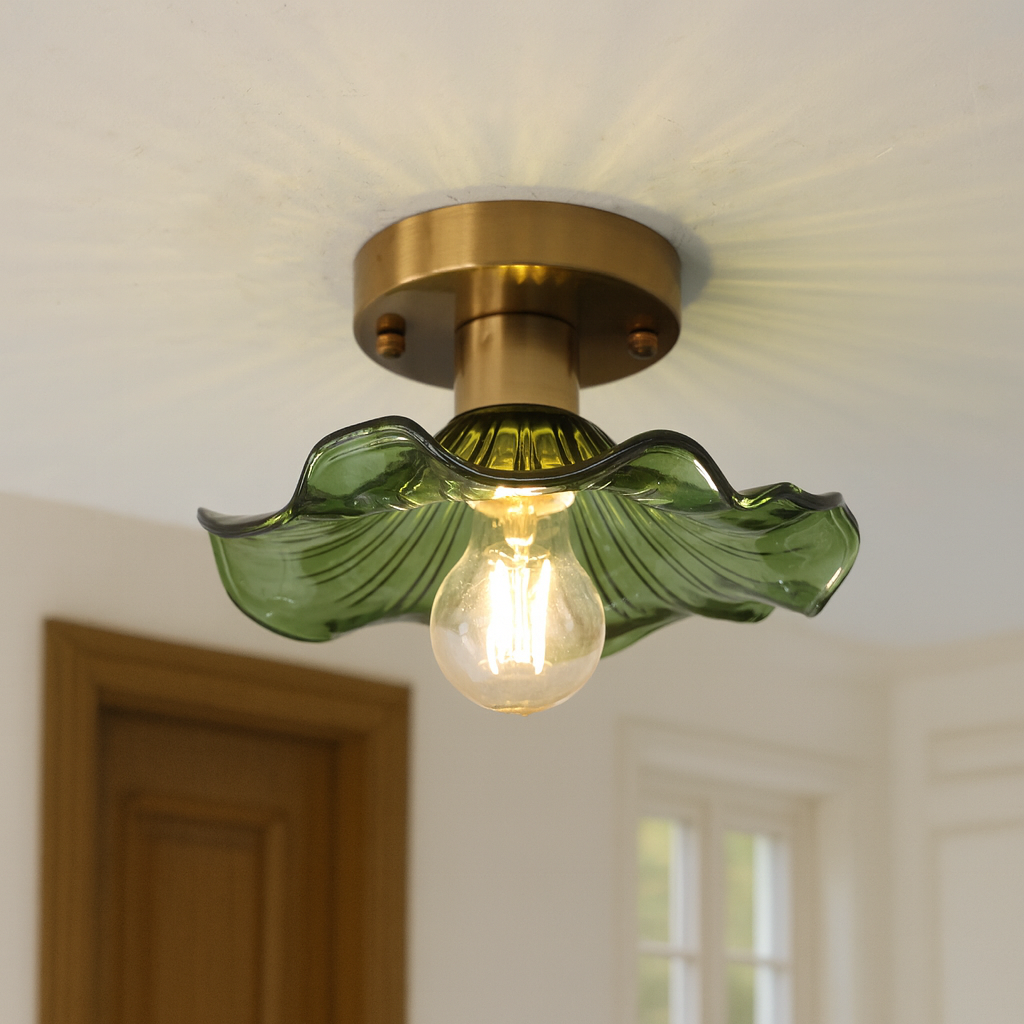 23-Inch Flush Mount LED Light Fixture Green Floral Glass Shade for Bedroom Hallway Low Ceiling Rooms Ambient Overhead Lighting