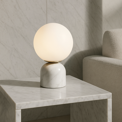 Minimalist Globe Accent Lamp with Natural Stone Base – Frosted Sphere Design for Nightstands, Side Tables & Console Styling – Soft Glow Illu