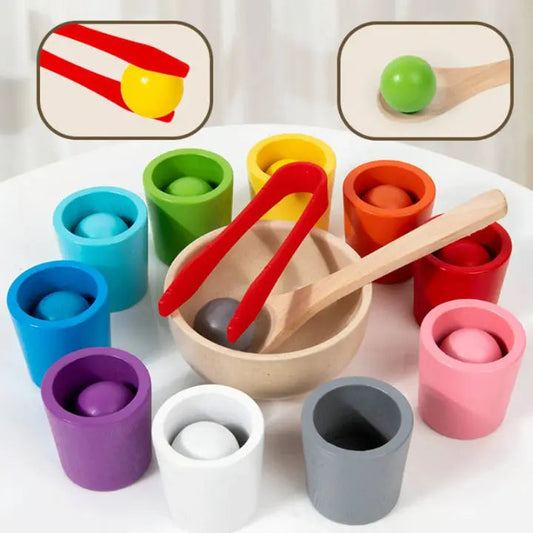 Juego de madera de clasificación por colores con bolas y tazas para niños pequeños: actividad educativa de clasificación para niños de 3 años en adelante