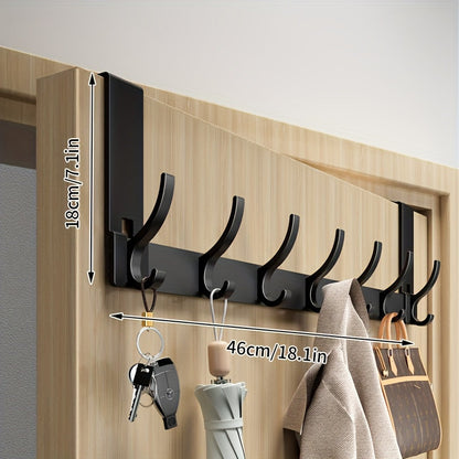 Door-Mounted Aluminum Hook Rack 15 in Black – No-Drill Coat Hanger for Entryway Closet Bedroom Bathroom – 6 & 7 Hook Configurations