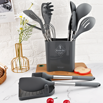 Cooking Utensil Set 12-Piece Silicone Steel Handles Heat Resistant Non-Stick Safe Tools with Holder Spatula Whisk Tongs Ladle for Home Kitch