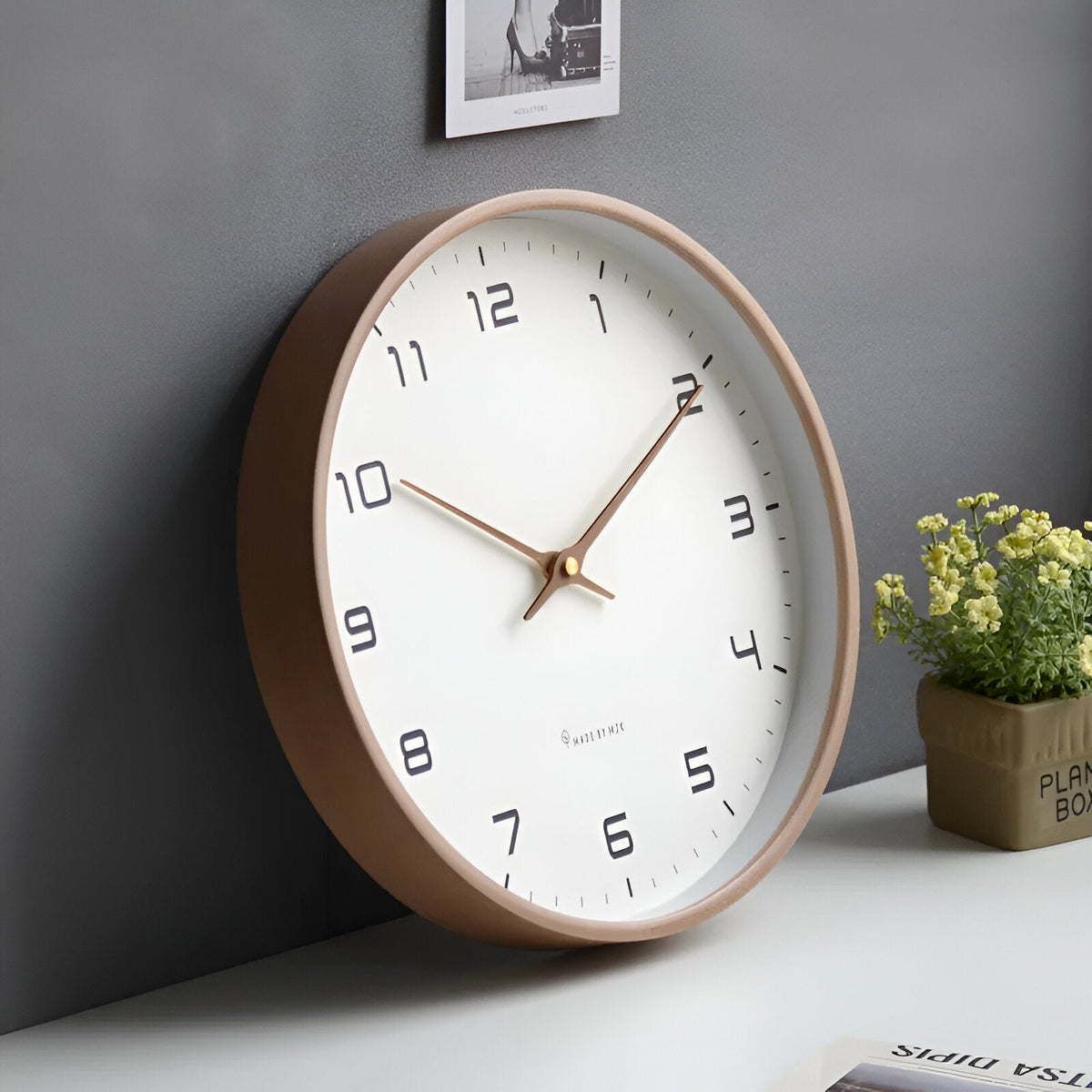 Wood Frame Wall Clock Silent Quartz 12 Inch Round White Dial Clean Numbers for Kitchen Living Room Bedroom Home Office Scandinavian Decor