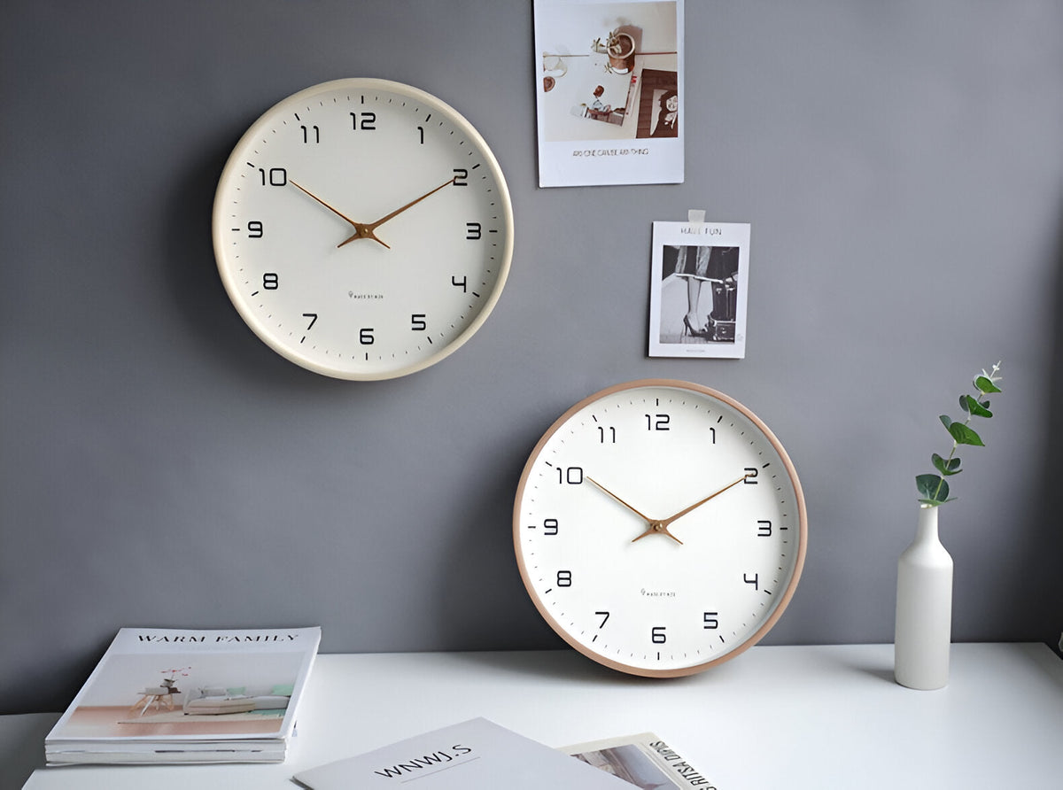 Wood Frame Wall Clock Silent Quartz 12 Inch Round White Dial Clean Numbers for Kitchen Living Room Bedroom Home Office Scandinavian Decor