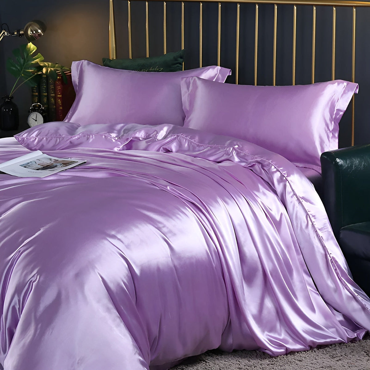 Silk Blend Sheet Set Purple 180 GSM Duvet Cover Fitted Sheet Pillowcases for Queen King Bed Luxury Breathable Bedding for Bedroom Guest Room