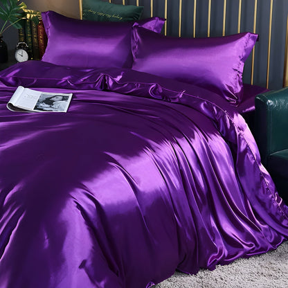 Silk Blend Sheet Set Purple 180 GSM Duvet Cover Fitted Sheet Pillowcases for Queen King Bed Luxury Breathable Bedding for Bedroom Guest Room