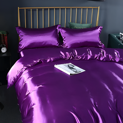 Silk Blend Sheet Set Purple 180 GSM Duvet Cover Fitted Sheet Pillowcases for Queen King Bed Luxury Breathable Bedding for Bedroom Guest Room