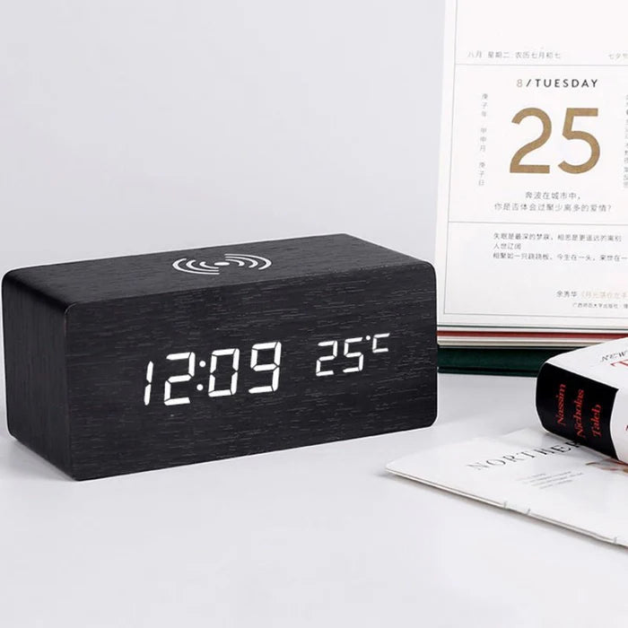 Wooden Bedside Charging Clock with LED Display – Qi Wireless Phone Charger Station with Time Date Temperature – Voice Activated Nightstand